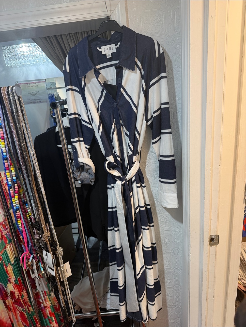Joseph Ribkoff Navy and White Striped maxi Shirt Dress